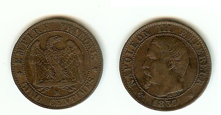 Cinq centimes Napoléon III, tête nue 1857 Marseille TTB++